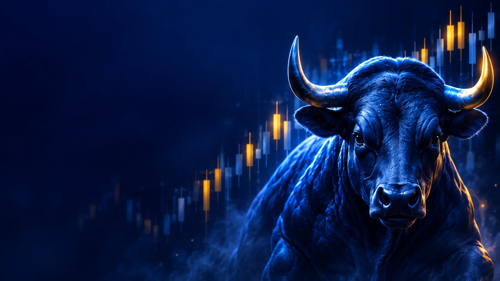 Blue bull in front of a gold and blue market chart