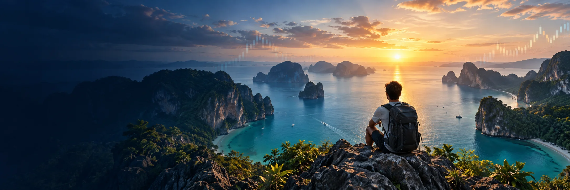 Trader looking across a tropical bay at sunrise