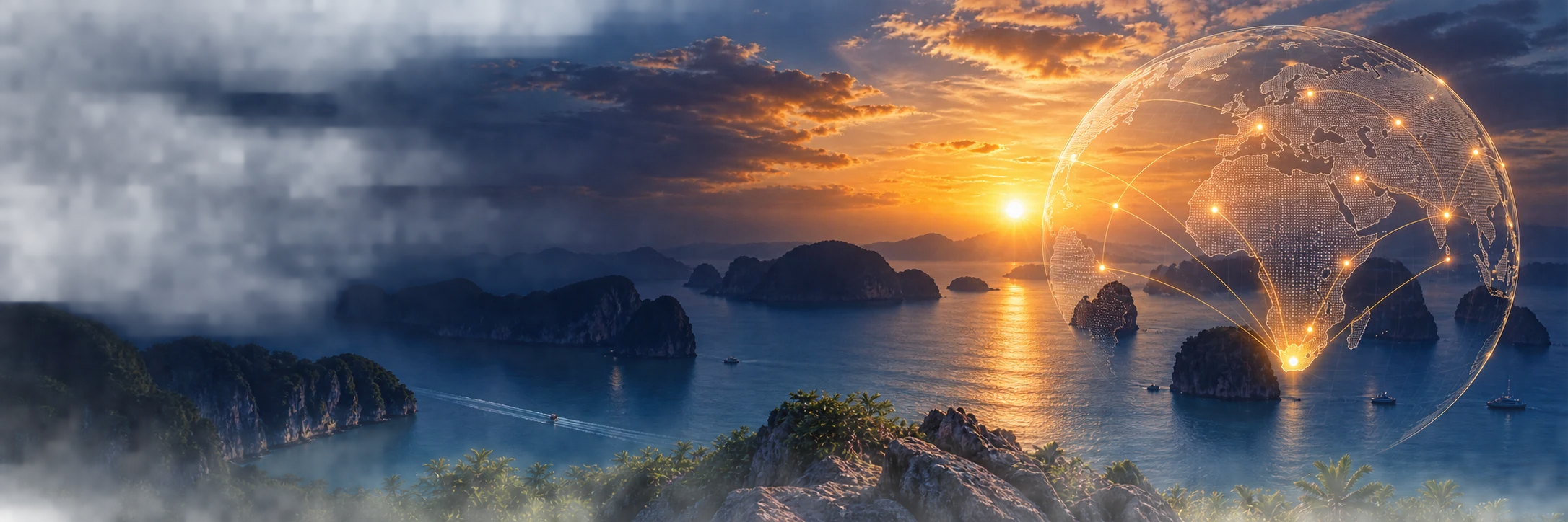 A golden sunset over a tropical bay with a glowing connected globe
